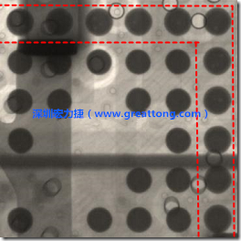 BGA錫球尺寸小于0.4mm，采用降低BGA內(nèi)圍襲球的錫膏量所得到X-Ray，稍微留意一下可以發(fā)現(xiàn)最外圈的錫量(圓的直徑)比其他內(nèi)圍的錫球上的錫量來得多一點(diǎn)點(diǎn)。也就是外圈的黑色圓形直徑比內(nèi)圈的圓形來得大一點(diǎn)點(diǎn)。