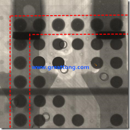 BGA錫球尺寸小于0.4mm，采用降低BGA內(nèi)圍襲球的錫膏量所得到X-Ray，稍微留意一下可以發(fā)現(xiàn)最外圈的錫量(圓的直徑)比其他內(nèi)圍的錫球上的錫量來得多一點(diǎn)點(diǎn)。也就是外圈的黑色圓形直徑比內(nèi)圈的圓形來得大一點(diǎn)點(diǎn)。