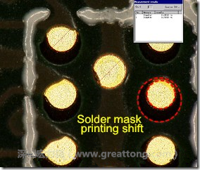 電路板BGA下面的防焊層印刷偏移，造成焊墊大小不一致。