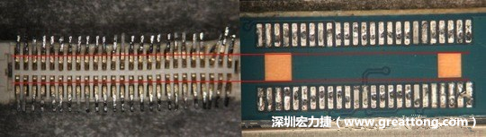 把板對板連接器與其電路板的佈線焊墊作一個比較，端子的切斷面有毛邊的地方剛好對到了裸銅區(qū)。