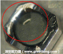 使用錫(Sn)鍍層的電源電感器(Power Inductors)，經(jīng)過(guò)推力測(cè)試后，其焊點(diǎn)還保留在零件的端點(diǎn)上，所以推力比較高。