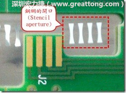 這個HotBar(熱壓熔錫焊接)吃錫的設(shè)計已經(jīng)對了一半，在印刷錫膏的時候在焊墊的中間位置減少錫膏，如果治具的設(shè)定正確的話，熱壓頭(thermode)要壓在焊墊中間的位置，焊錫的印出來結(jié)果如下面右圖所示。