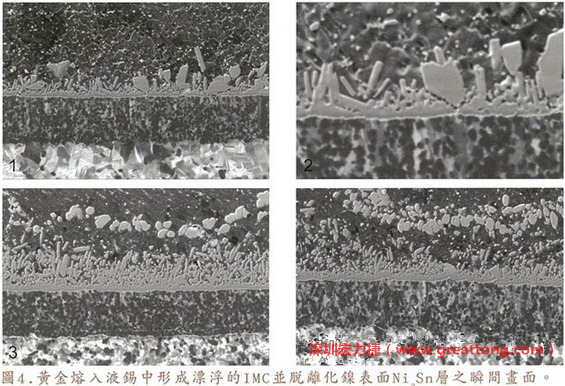 下面四張圖片為放大4500倍的SEM圖像，說明在回流焊爐熱量不足的情況下，黃金成份正要從鎳層分離融入焊錫之中的瞬間，當(dāng)零件遭受外力沖擊的時候就極有可能從這一整排AuSn、、AuSn2或AuSn4的IMC處裂開。