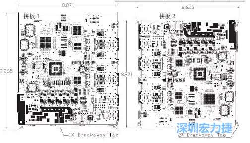 如圖7所示是使用不同數(shù)量邊條的拼板，拼板1僅使用了一個邊條，直接利用PCB另一邊作為SMT工藝傳送邊，并且PCB圖形中有合適的安裝孔；而拼板2則是按常規(guī)設(shè)計了兩個邊條。拼板方式為連接筋。圖中“Breakaway Tab”指邊條-深圳宏力捷