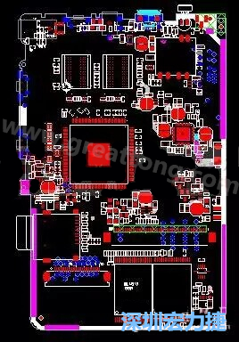 上圖是一個(gè)開(kāi)發(fā)板的PCB，從布局中可以看出各個(gè)接口電路分離很明確，SDRAM和DDR以及SD卡接口電路等走線(xiàn)不會(huì)造成相互的干擾。-深圳宏力捷