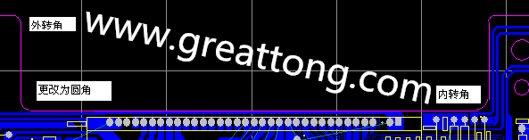 PCB設(shè)計時單面板的轉(zhuǎn)角都需為圓角，R1.0mm或R2.0mm為宜。