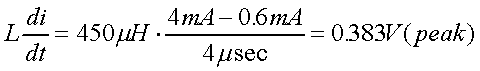 舉例來說，一個閘在"ON"而載有4mA的電流時(shí)，突然開關(guān)切到"OFF"且現(xiàn)在載有0.6mA的電流，假設(shè)開關(guān)時(shí)間為4msec，載有450mH的電感信號的導(dǎo)體，此時(shí)所產(chǎn)生的電壓突波為