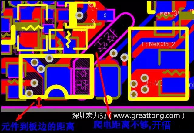 如果碰到模塊PCB空間有限，爬電距離不夠，可以采用開槽的方式