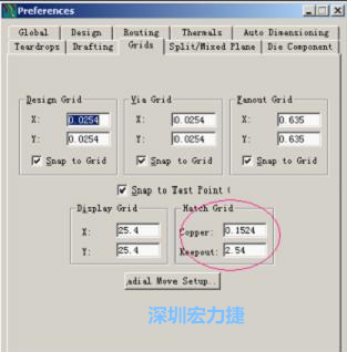  改銅皮的填充網(wǎng)格Global→Design Units，填充方向Drafting→Direction；Hatch Grid中Copper此數(shù)值為大銅箔中所填充的線條中心到中心的距離。