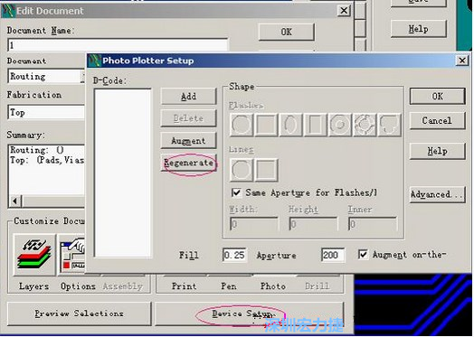 當(dāng)Gerber和鉆孔都設(shè)置完后，選擇一貼片元件較多的層（一般為Top層），點(diǎn)擊Device SetupPhoto，將 Plotter Setup窗口D-Code欄原有的D碼刪除并按Regenerate重新生成