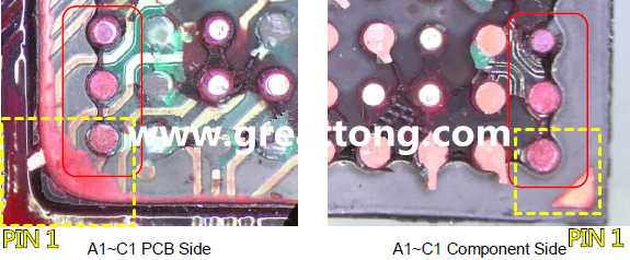 PIN-1的位置很重要，不知道Pin-1在哪里？那你怎么知道斷裂錫球在PCB的位置，如何判斷可能的應力(Stress) 影響。一般在PCB的絲印層(白漆)上面一定會標示零件的PIN-1位置，有的未打一個圓點，有的會畫三角形，但這張照片在PCB的PIN-1被紅墨水遮住了，如果可以的話建議那一塊沒有紅墨水的板子對照一下。