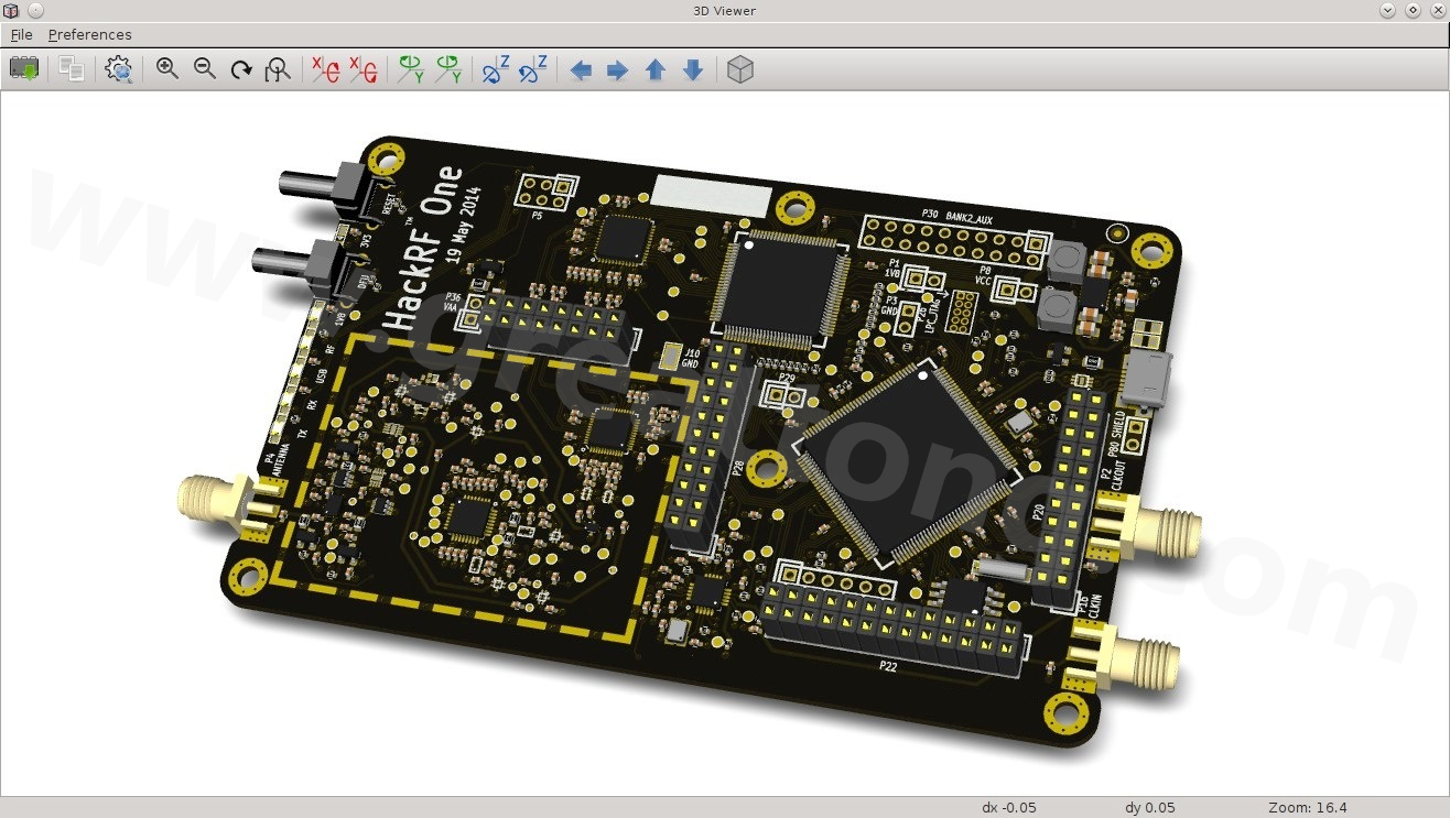 經(jīng)KiCad軟體3D功能渲染過的HackRF One電路板。