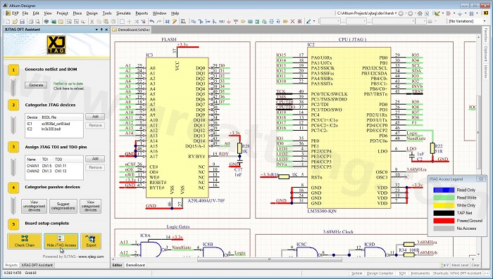 XJTAG DFT Assistant的Access Viewer模式可以清楚地顯示可用的測(cè)試存取層級(jí)，讓電路板設(shè)計(jì)人員在展開(kāi)PCB布局以前的原理圖擷取階段盡可能地提高測(cè)試存取能力