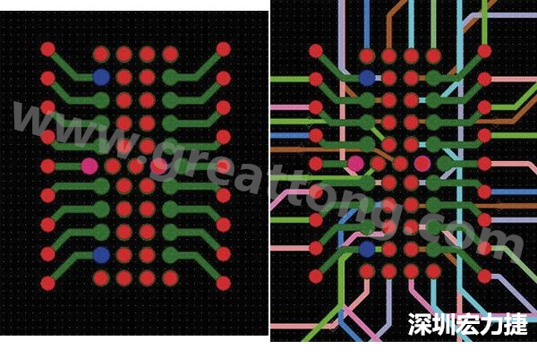 圖7：焊盤(pán)內(nèi)過(guò)孔用于內(nèi)部，而外部接腳在0.5mm閘格上扇出。圖7a顯示的是頂層(左)；圖7b顯示頂層和內(nèi)部布線層(右)。