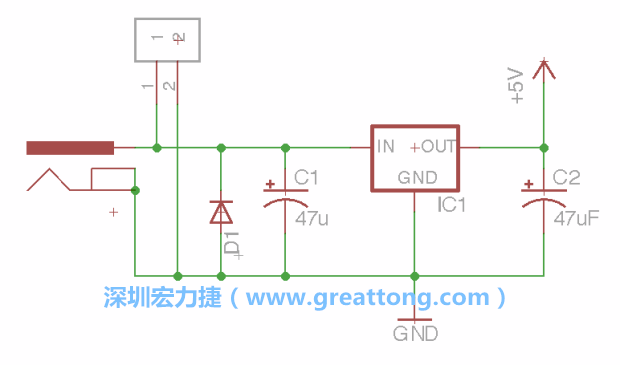 2.5.    新增一個二極體，它會以水平的狀態(tài)出現(xiàn)在屏幕上，請使用「旋轉（Rotate）」工具把它負極那一面朝上，并且用「網(wǎng)絡連接」工具將它連接在電壓調整器的輸入端和接地端之間。