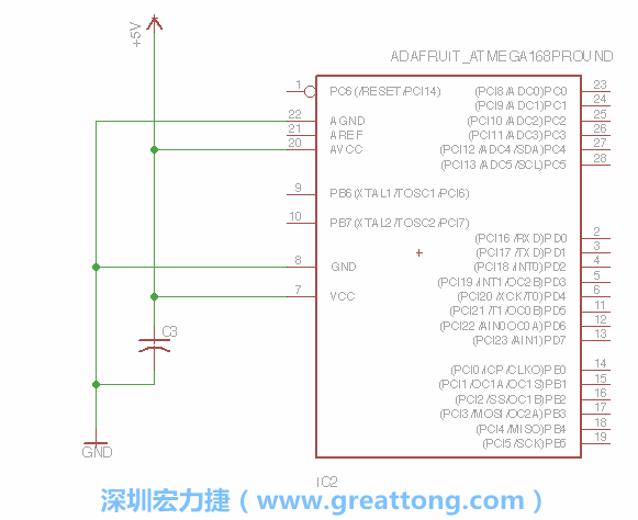 3.1.    新增微控制器晶片（RBBB → ATmega），把它放在電路原理圖的中央附近，把它的兩個接地接頭連接到接地訊號端。