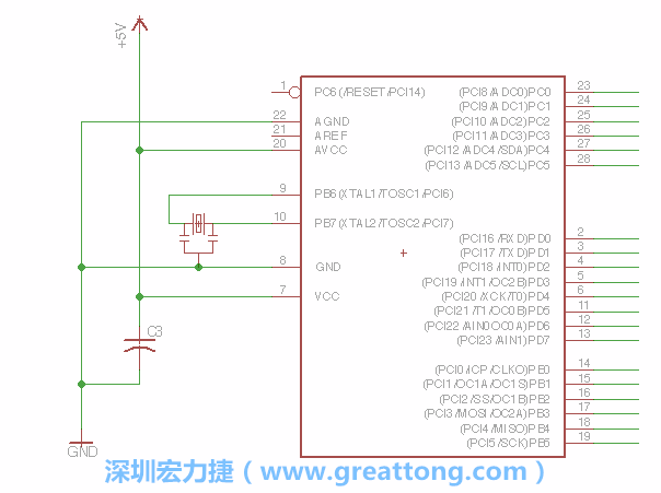 3.2.    在靠近ATmega的電源供應針腳7的位置放置一個0.1μF的電容，將它分別連接電源、接地端和針腳7。