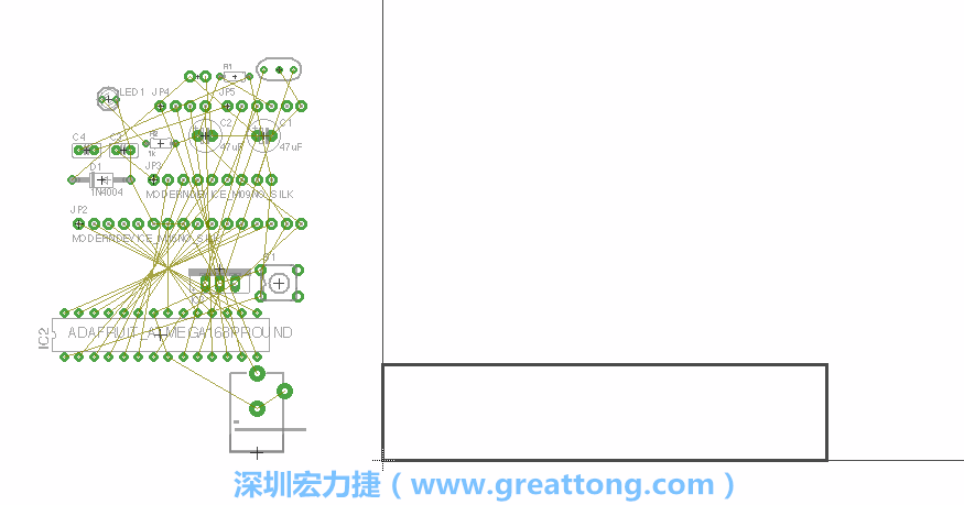 第一次執(zhí)行布線編輯器時，你會發(fā)現(xiàn)有兩個區(qū)塊，左邊的區(qū)塊非?；靵y，而右邊的區(qū)塊則是一個長方形的工作區(qū)域，EAGLE免費版會限制你的工作區(qū)域在4” x 3.2”的范圍內(nèi)，如果你試圖將元件擺放在工作區(qū)外的話，就會跳出警示訊息。