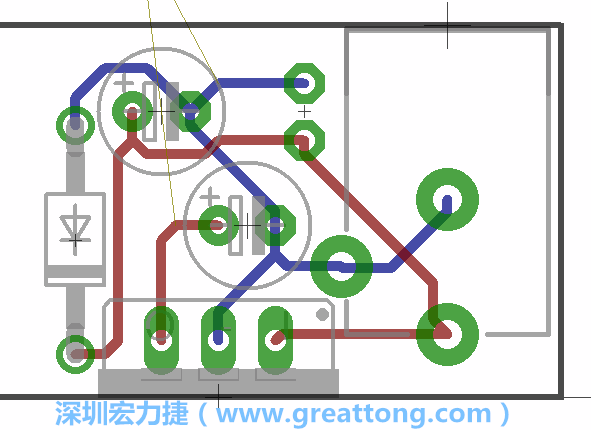 接地連結(jié)點的布線情形如下圖所示，利用這個練習來避免電路連線銳角化的產(chǎn)生是一個不錯的選擇，你可以在工具列中的彎曲線路（Wire Bend）選項里改變各種布線的變化。