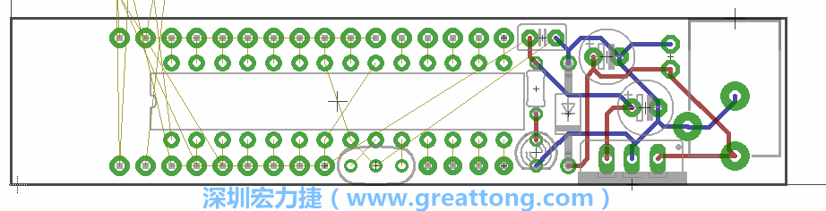 將ATmega微控制器、三個GPIO排針（JP2, JP3, JP4）和諧振器（resonator）排置如上圖所示。