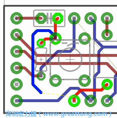 要在電路板正面進行+5V信號線連結(jié)和其他連結(jié)點的布線工作是非常容易的，而重置信號線（信號線用來連結(jié)電路板正面左邊的重置開關(guān)）需要經(jīng)過一個可以通過電路板正反兩面的電路通道，這個通道是一個可以讓電路板正反兩面線路連接的一個小孔。