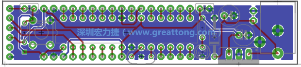 第二篇文章則帶領你進行電路板上的布線、連結(jié)點的配置，并利用「設計規(guī)則檢查（Design Rule Check）」測試你的設計，第二篇文章的電路板設計圖將如下所示：
