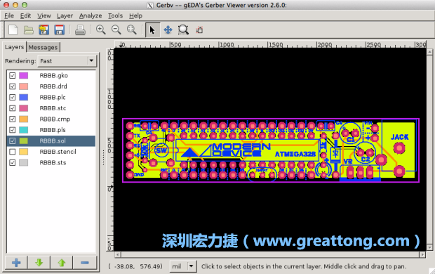 將圖層匯入你的Gerber預覽工具內(nèi)（下圖為Gerbv），我通常會從上到下重新排列它們的順序，好讓我比較好校對：