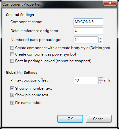 按下工具  "Create a new component"， 出現(xiàn)底下畫面， 按下OK后， 產(chǎn)生MYCONN3/U? 文字重迭在一在， 把它們分開(用mouse選擇并按下"M"， 即可移動)