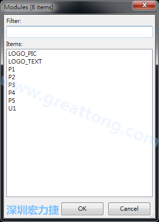 從目前正在編輯的PCB載入Module， 會(huì)顯示有那些項(xiàng)目可載入。點(diǎn)選一個(gè)， OK后即完成載入