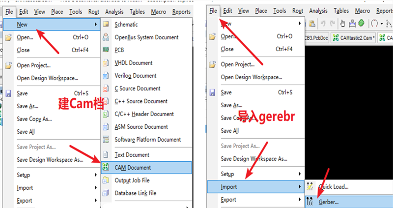 在File下新建 Cam檔，建后再File下導(dǎo)入Gerber文件，選擇所有文件導(dǎo)入gerber。