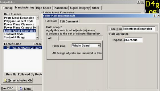 5. 而對(duì)于阻焊的調(diào)整則可以通過按D、R調(diào)出[Manufacturing]制作設(shè)計(jì)規(guī)則的[Solder-Mask Expansion Rule]設(shè)置項(xiàng)直接設(shè)定單邊放大值