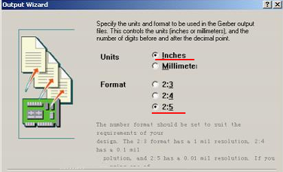 在上圖中選擇“Inches 2：5”，以確保資料精度，反之線寬、線距或孔有偏移現(xiàn)象