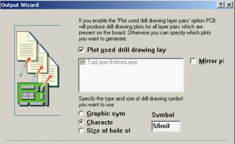 選中“Plot used drill drawing layer”，并將孔圖改為“Cheracte”標(biāo)示