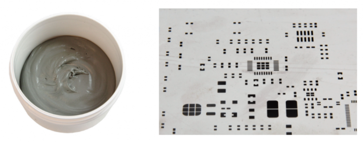 焊膏（左），PCB模板激光切割孔（右）